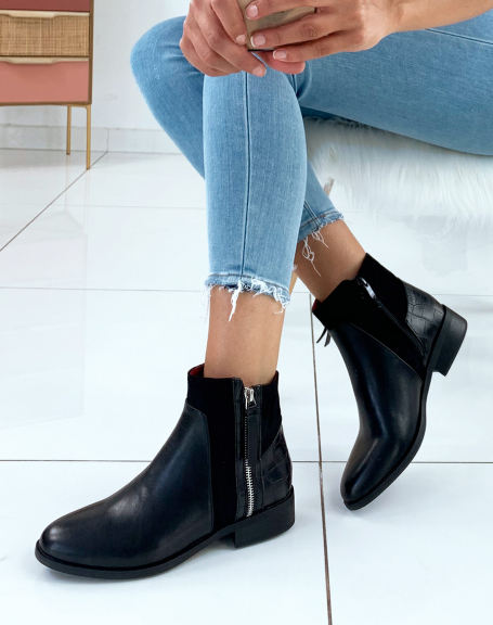 Black bi-material low boots with silver closures