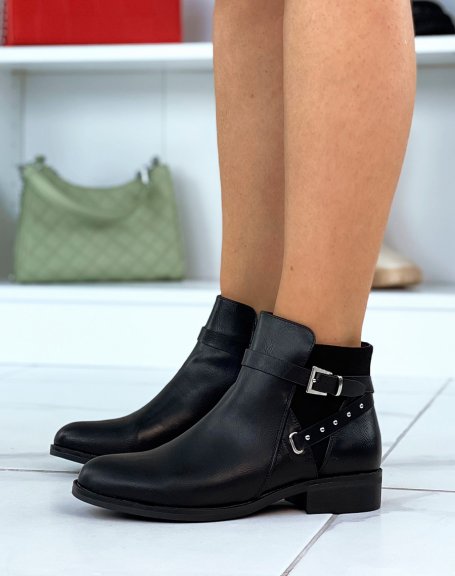 Black bi-material low boots with studded strap