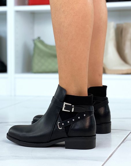Black bi-material low boots with studded strap