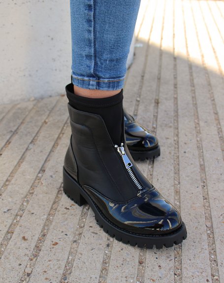 Black bi-material lugged ankle boots
