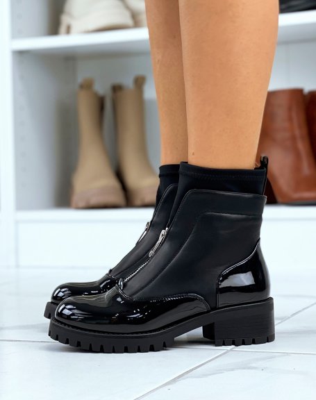 Black bi-material lugged ankle boots