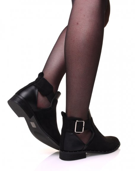 Black bi-material openwork studded ankle boots