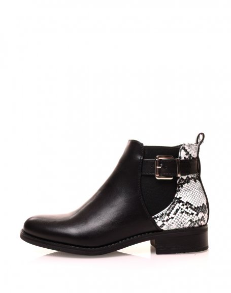 Black bi-material python-effect ankle boots