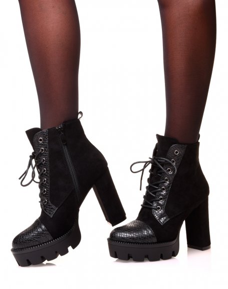 Black bi-material python-effect heeled ankle boots