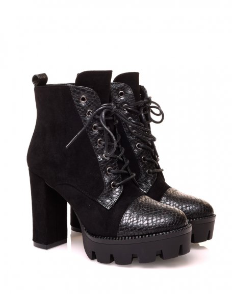 Black bi-material python-effect heeled ankle boots