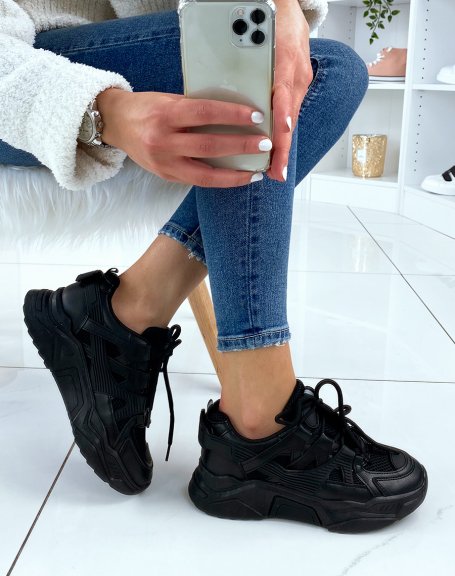 Black bi-material sneakers with XXL platform