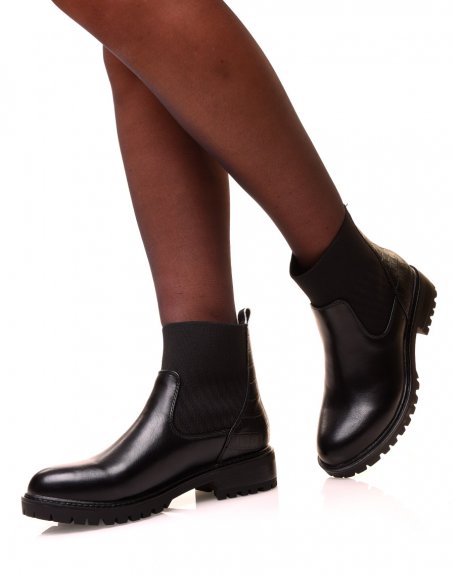 Black bi-material sock-effect ankle boots