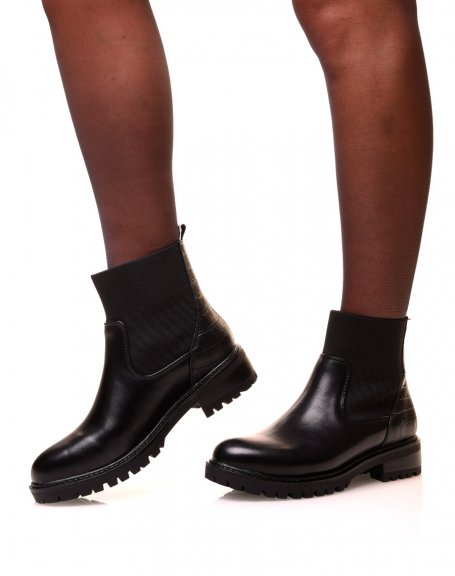 Black bi-material sock-effect ankle boots