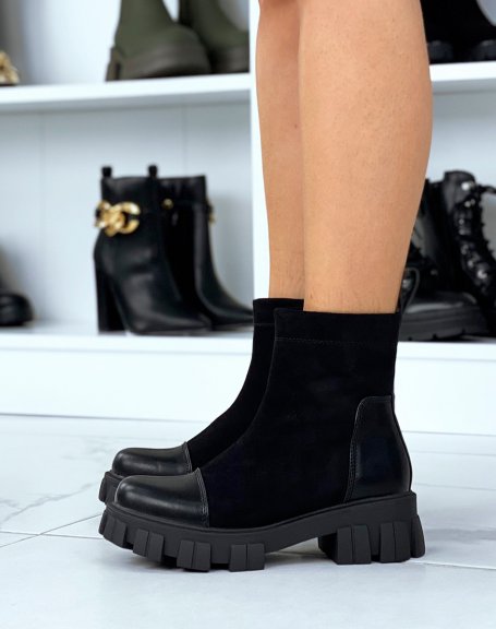 Black bi-material suede ankle boots