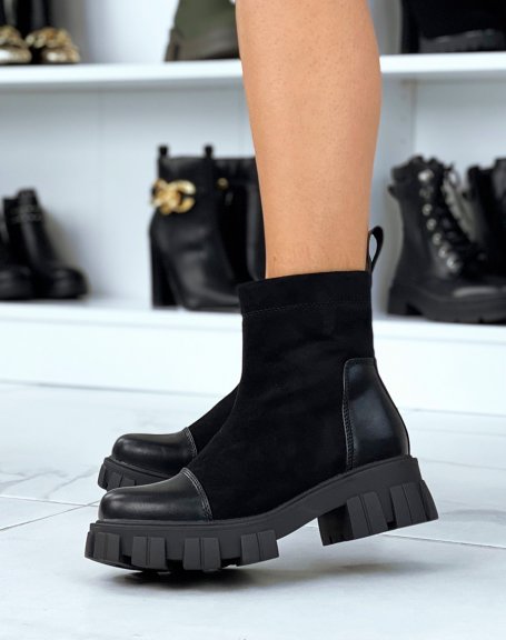 Black bi-material suede ankle boots