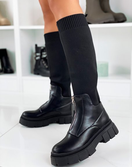 Black bi-material zipped sock-effect boots with lug sole