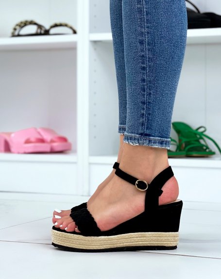 Black braided sandals with bi-material wedge heel