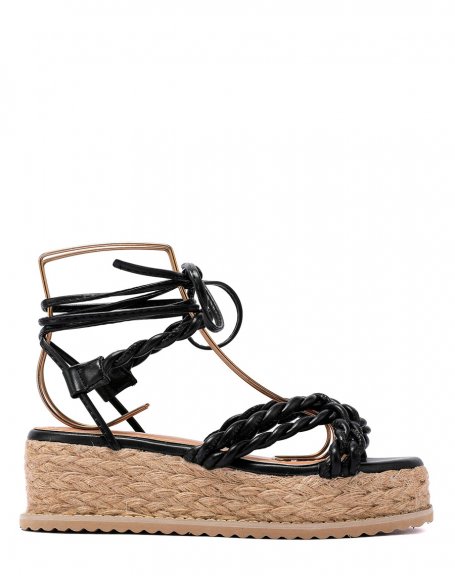 Black Braided Strap Mid Heel Wedge Sandals