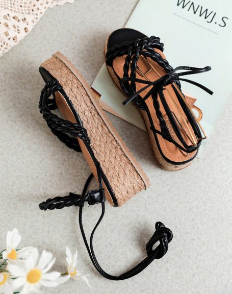 Black Braided Strap Mid Heel Wedge Sandals