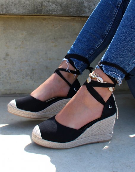 Black canvas wedge espadrilles with ribbons