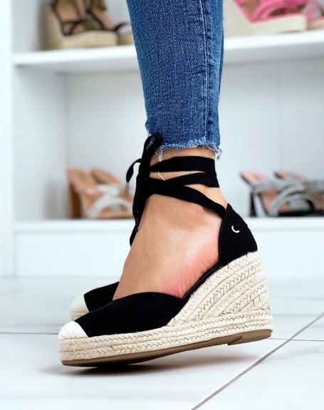 Black canvas wedge espadrilles with ribbons