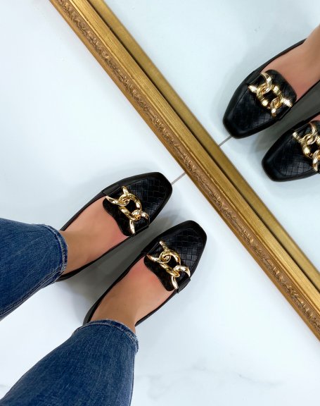 Black checkered loafers with gold chain