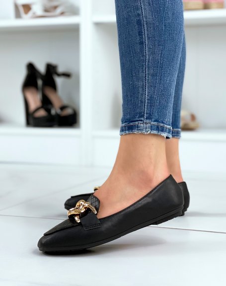 Black checkered loafers with gold chain