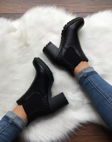 Black Chelsea boots with heel and crocodile effect