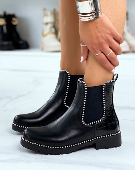 Black Chelsea boots with multiple silver studs and croc-effect back