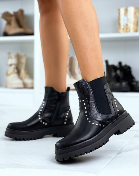 Black Chelsea-inspired ankle boots with silver studs and inserts