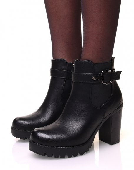 Black chunky heel ankle boots with straps