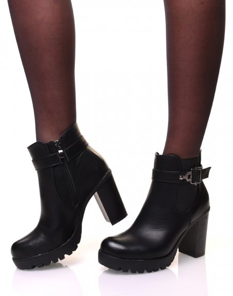Black chunky heel ankle boots with straps