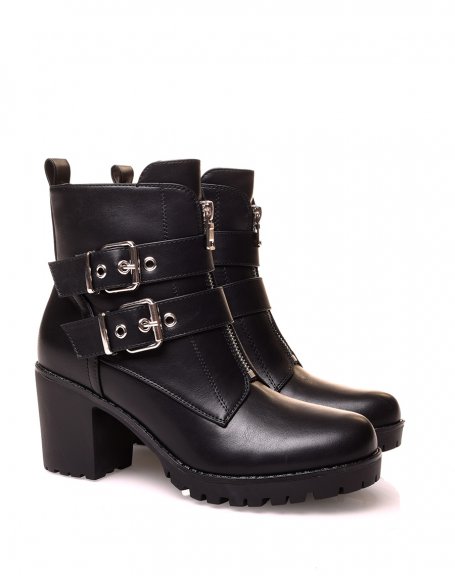 Black chunky heel ankle boots with zip front straps