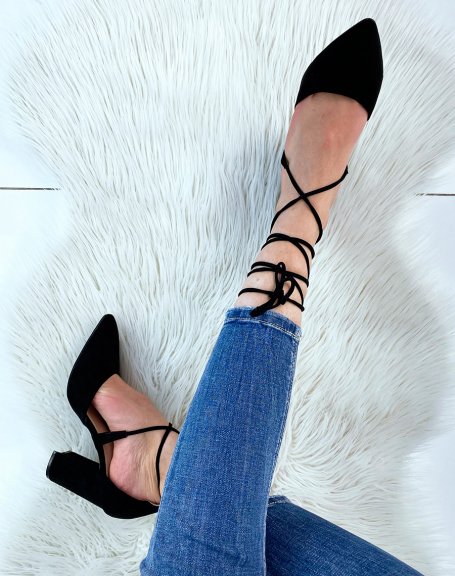 Black chunky heel pumps with long straps