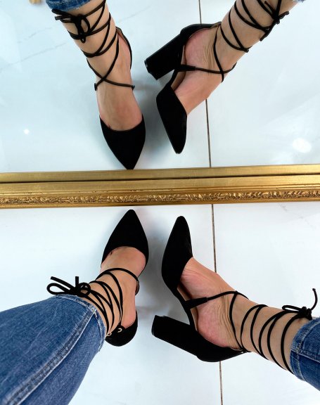 Black chunky heel pumps with long straps
