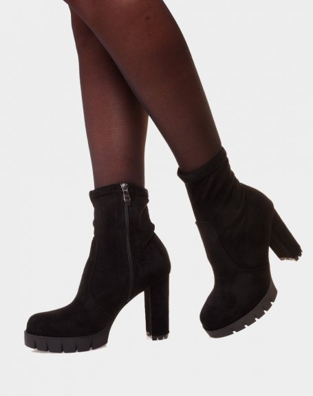 Black chunky platform suedette heeled ankle boots