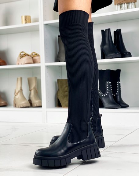 Black chunky sock-effect thigh-high boots