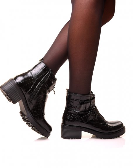 Black cocro-effect ankle boot with multiple straps