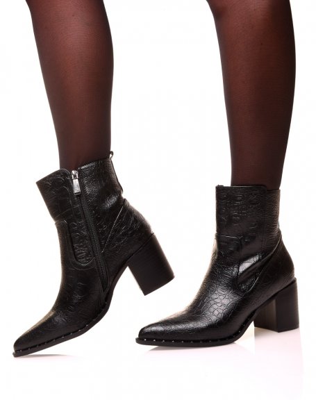 Black cowboy boots with aged croc-effect heel
