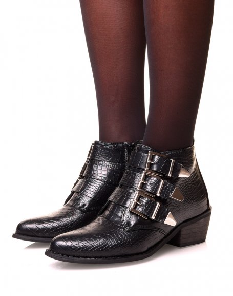 Black cowboy boots with multiple croc-effect straps