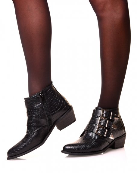 Black cowboy boots with multiple croc-effect straps