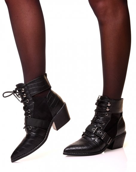 Black cowboy boots with suede and croc-effect laces