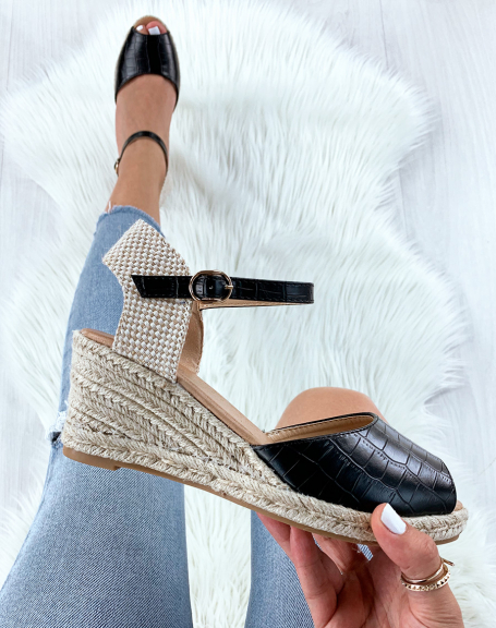 Black croc and rope wedge espadrille sandals