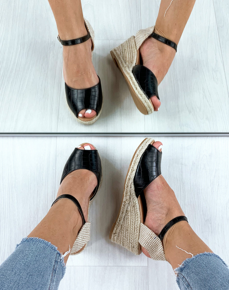 Black croc and rope wedge espadrille sandals