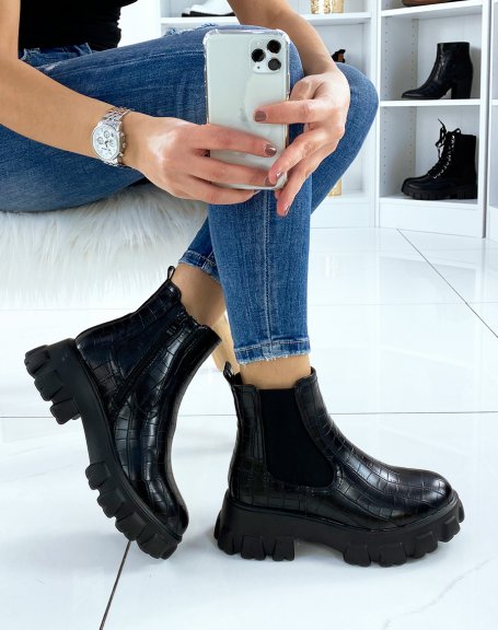 Black croc chelsea boots with lug sole