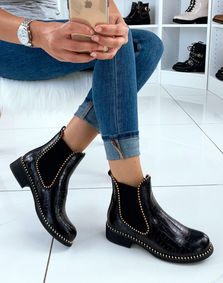 Black croc-effect and pearl-effect ankle boots