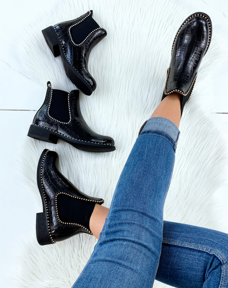 Black croc-effect and pearl-effect ankle boots