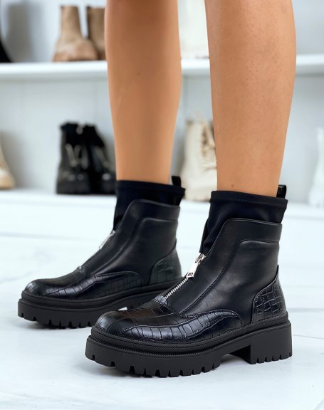Black croc-effect and sock-effect ankle boots with zip