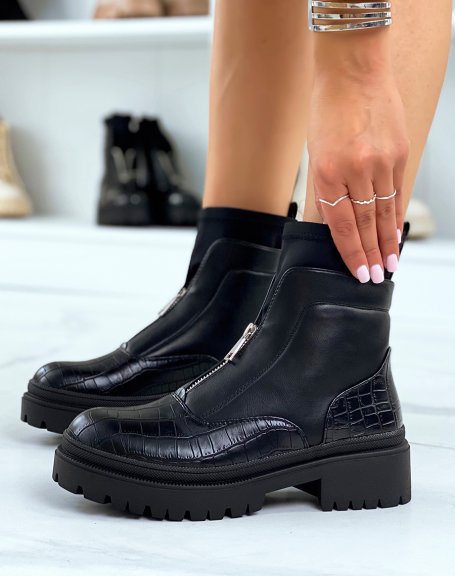 Black croc-effect and sock-effect ankle boots with zip