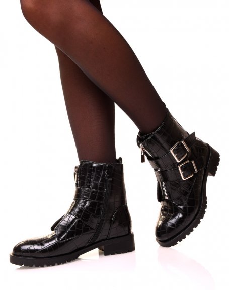 Black croc-effect ankle boot with straps
