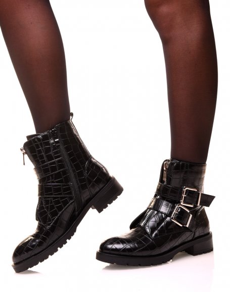 Black croc-effect ankle boot with straps