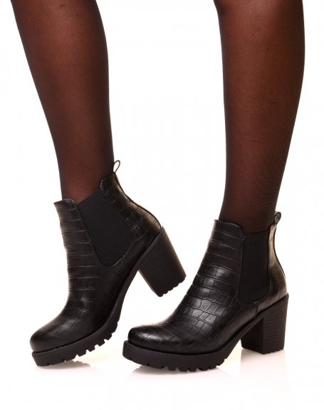 Black croc-effect ankle boots