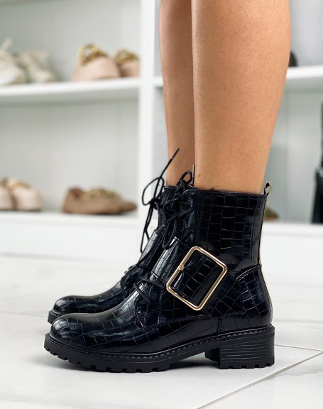 Black croc-effect ankle boots adorned with a large golden buckle
