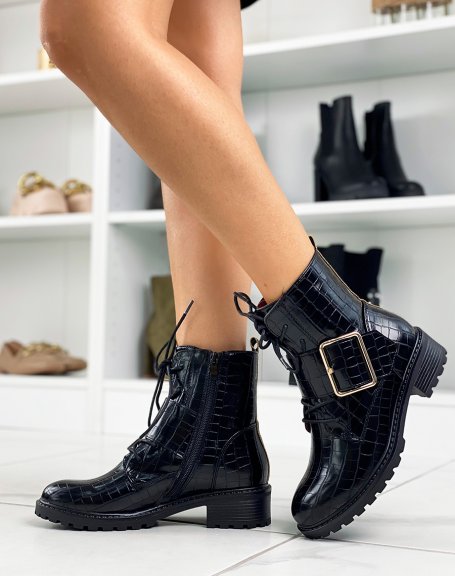 Black croc-effect ankle boots adorned with a large golden buckle