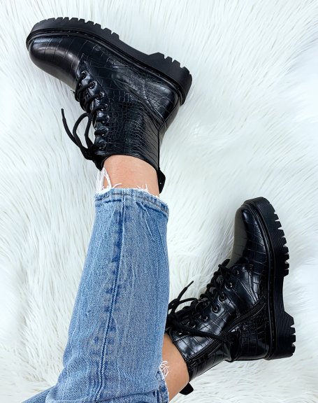 Black croc-effect ankle boots with chunky laces